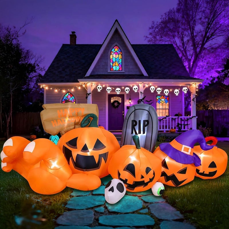 Garma 9.2 Ft Halloween Inflatables Outdoor Decorations, Long Inflatable Blow Ups Yard Decoration Pumpkin with Build-in LEDs, Gravestone and Witch Hat for Halloween Party Indoor, Lawn, Garden Decor - Image 2